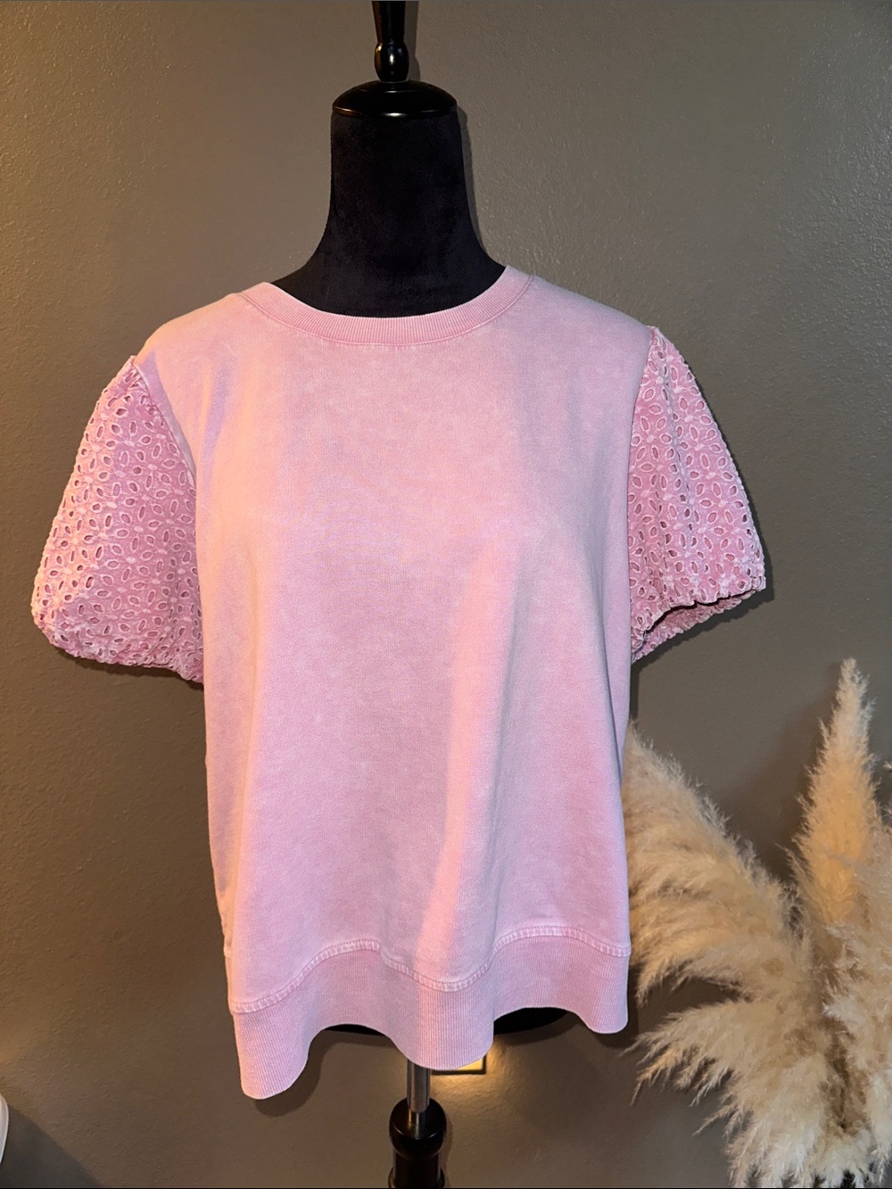 Pink Eyelet Sleeve Crewneck Top - Women